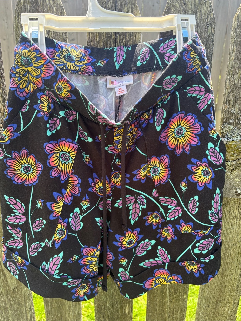 LuLaRoe Black Floral Drawstring Athletic Shorts with Multicolor Blooms